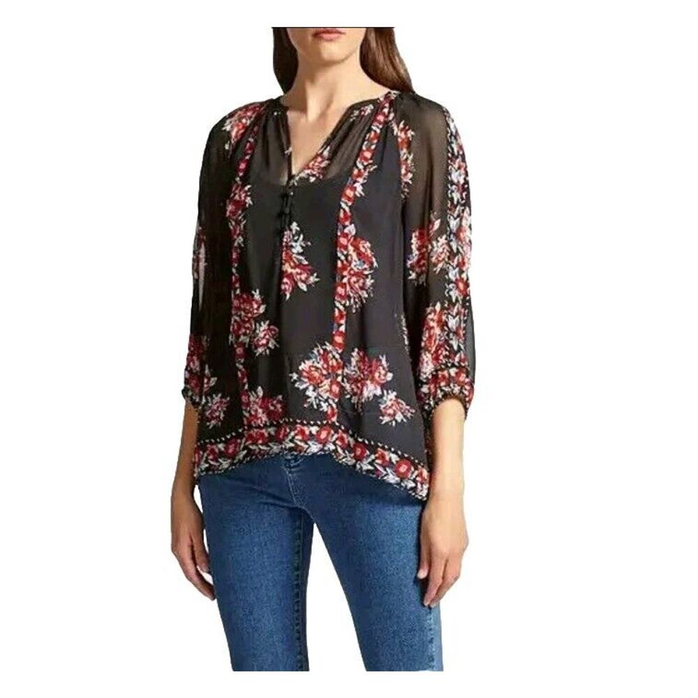 JOIE Black Floral Sheer 100% Silk 3/4 Sleeve Top XS Style#3603-22106F $198